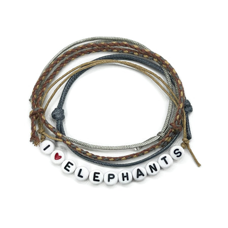 I Love Elephants bracelet in brown and gray braided cords with letter beads, designed for wildlife and elephant lovers.